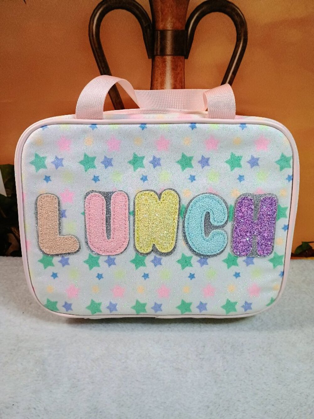 EUC Smartek Pastel Pink Star Chenille Varsity Letter 'LUNCH' Bag Lunchbox
